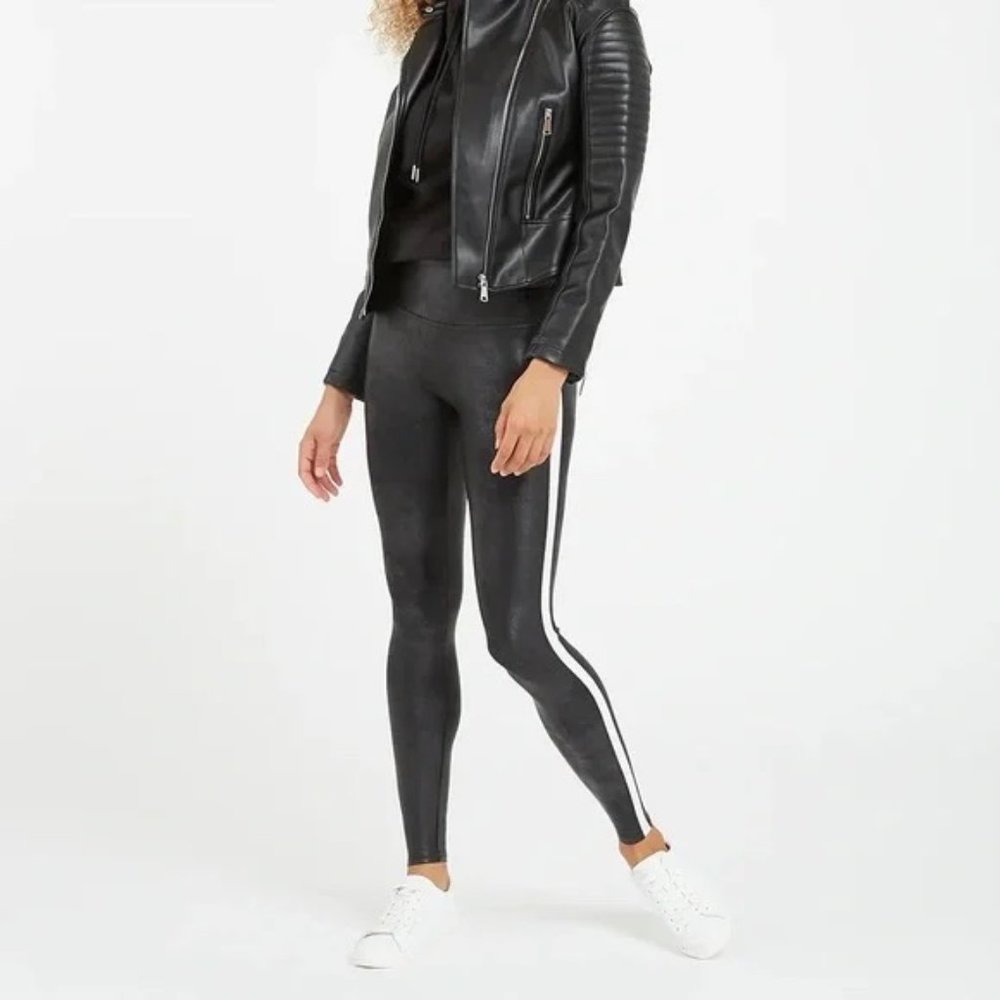 Spanx Faux Leather Black with White Side Stripe Pants Leggings Size M